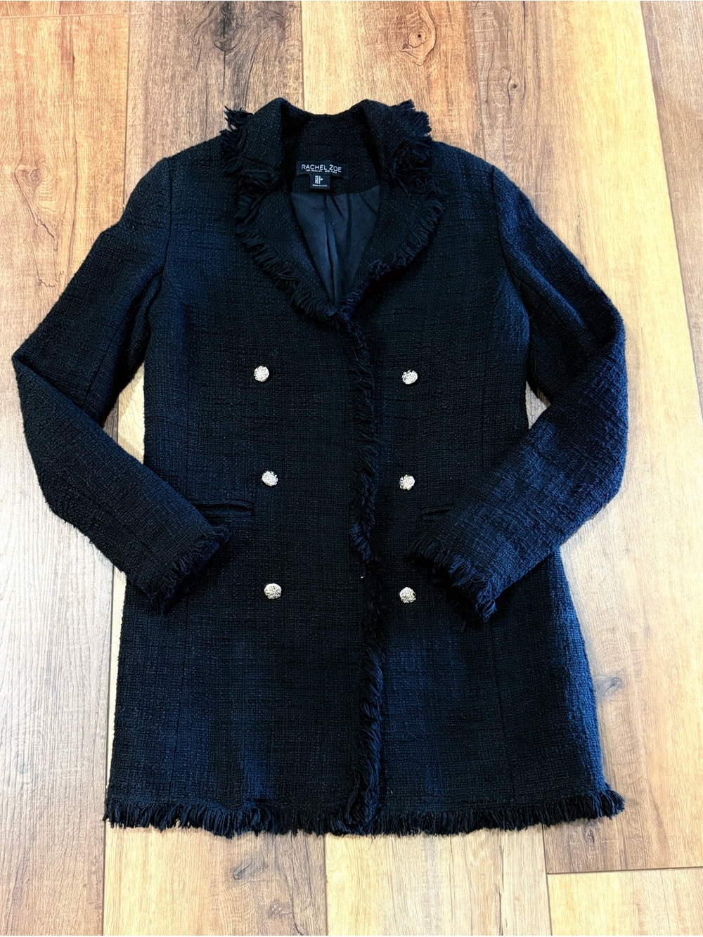 Rachel Zoe Black Tweed Double-Breasted Fringe Blazer
